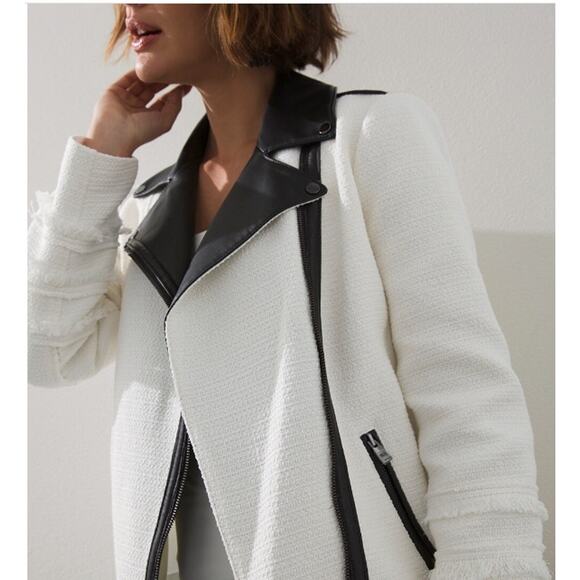 CHICO'S Tweed and Faux Leather Moto Jacket Asymmetric Full Zip White Black Large - Picture 12 of 12